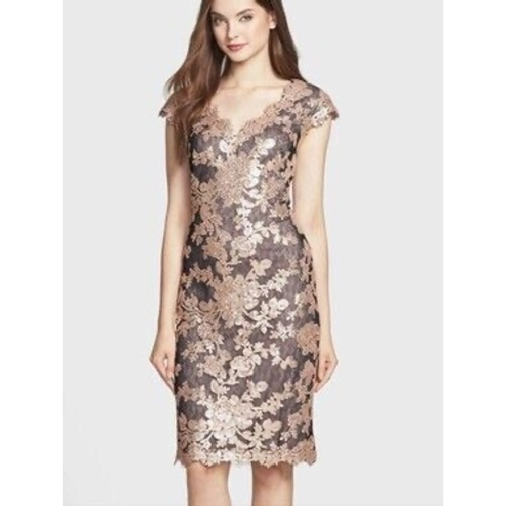 Tadashi Shoji Antique Pink Sequin and Lace Sheath Dress Size 2